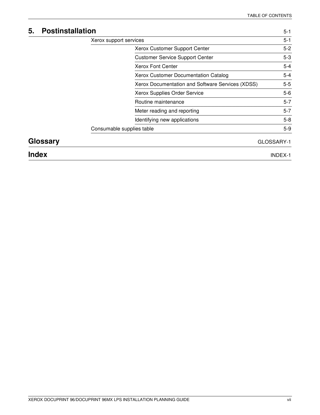 Xerox 721P85600 manual Postinstallation, Glossary, Index 