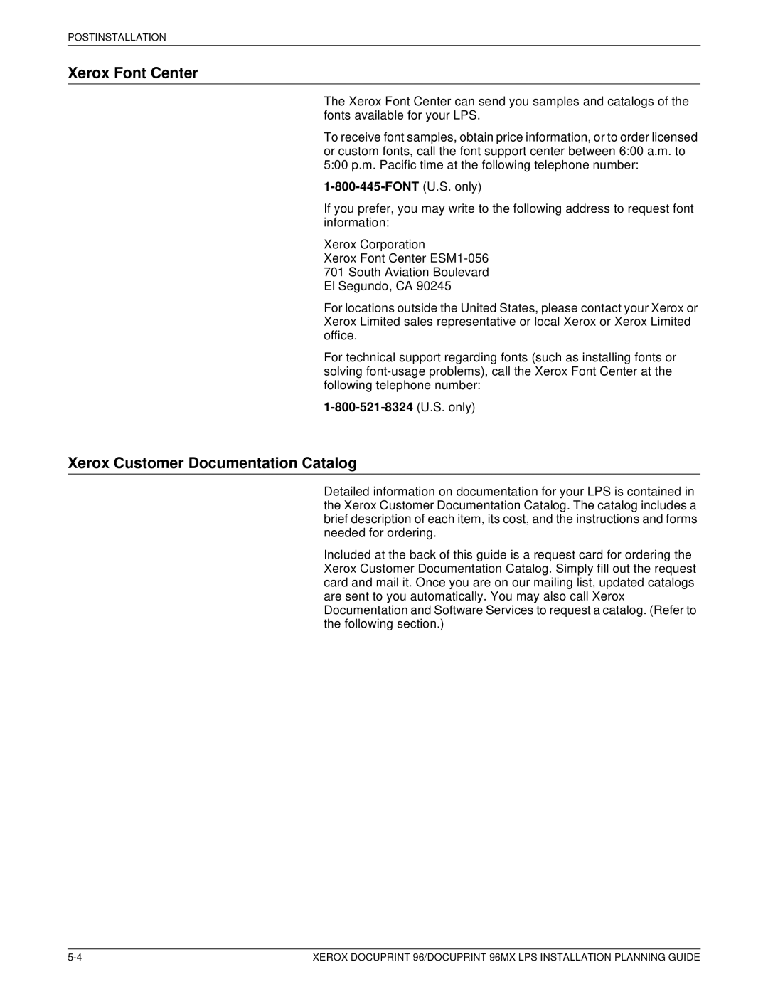 Xerox 721P85600 manual Xerox Font Center, Xerox Customer Documentation Catalog, Font U.S. only 