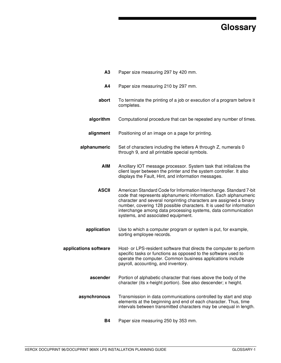 Xerox 721P85600 manual Glossary 