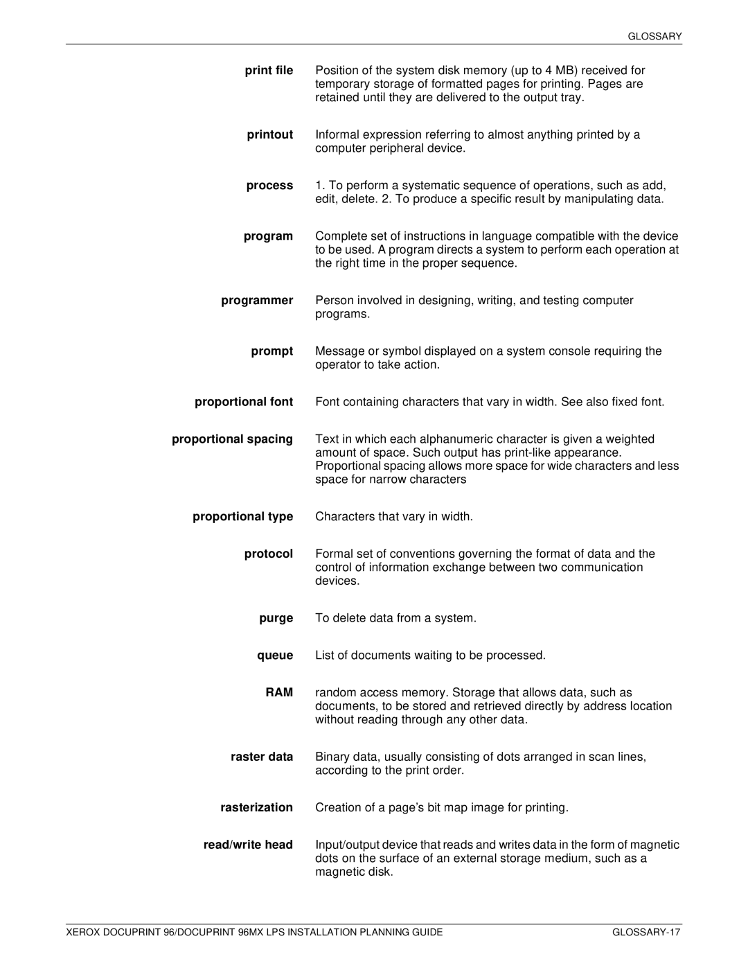 Xerox 721P85600 manual GLOSSARY-17 