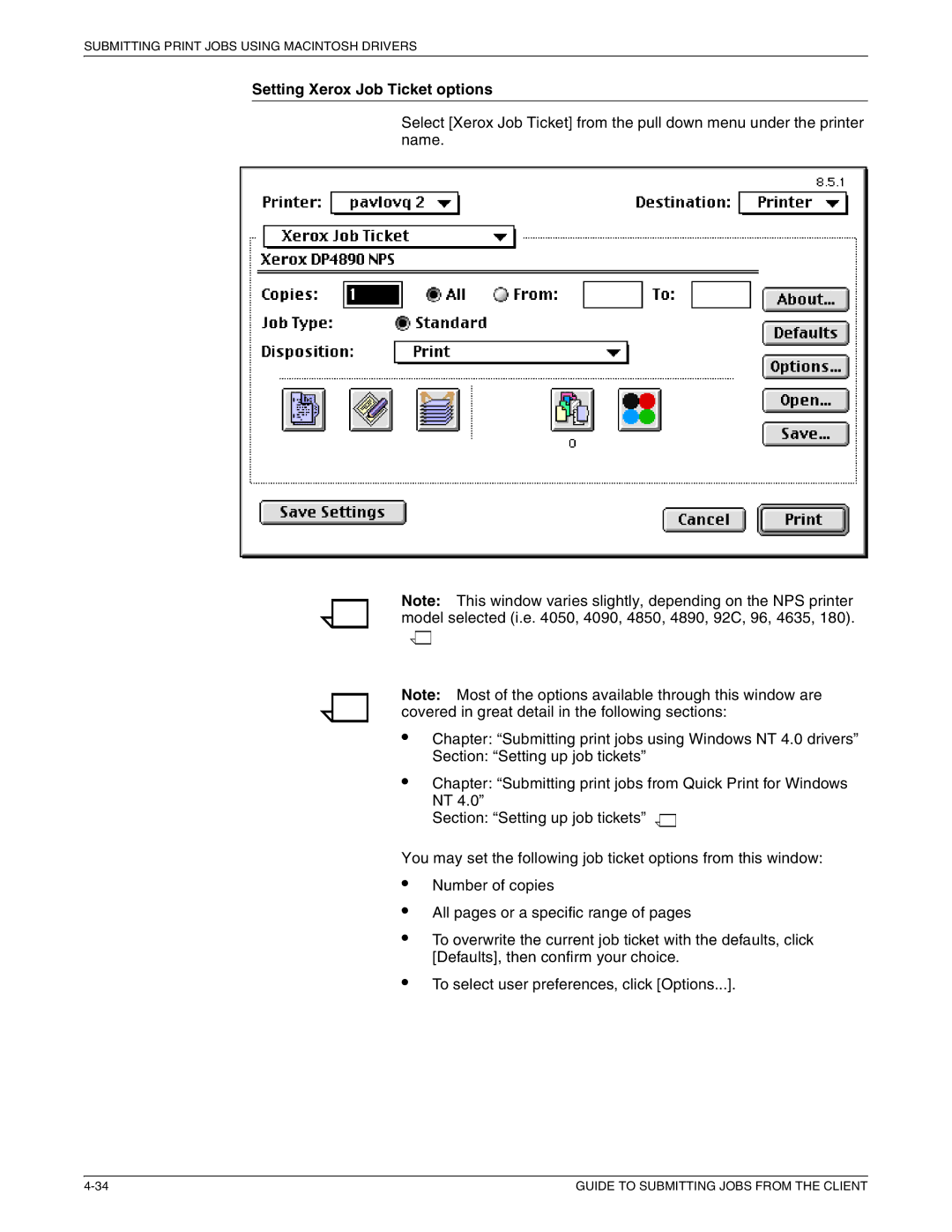 Xerox 721P87481 manual Setting Xerox Job Ticket options 