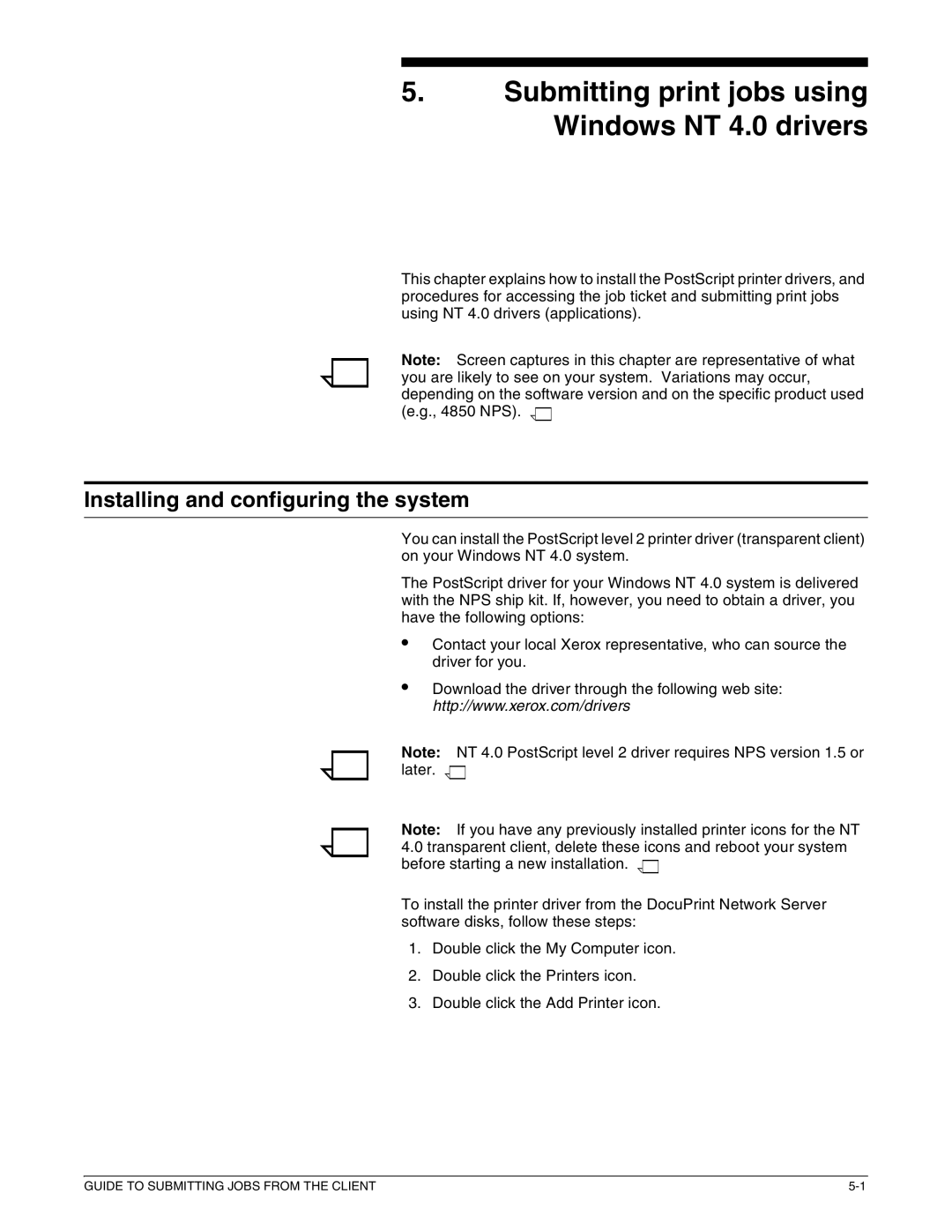 Xerox 721P87481 manual Submitting print jobs using Windows NT 4.0 drivers, Installing and configuring the system 