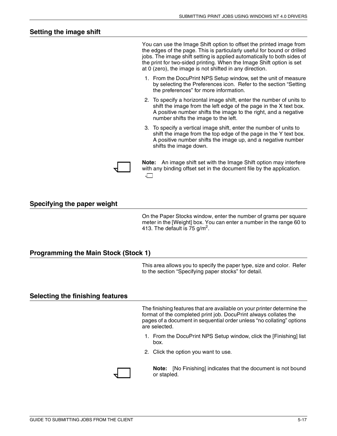 Xerox 721P87481 manual Setting the image shift, Specifying the paper weight, Programming the Main Stock Stock 