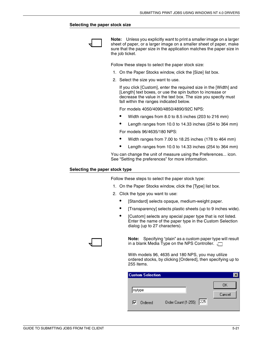 Xerox 721P87481 manual Selecting the paper stock size, Selecting the paper stock type 