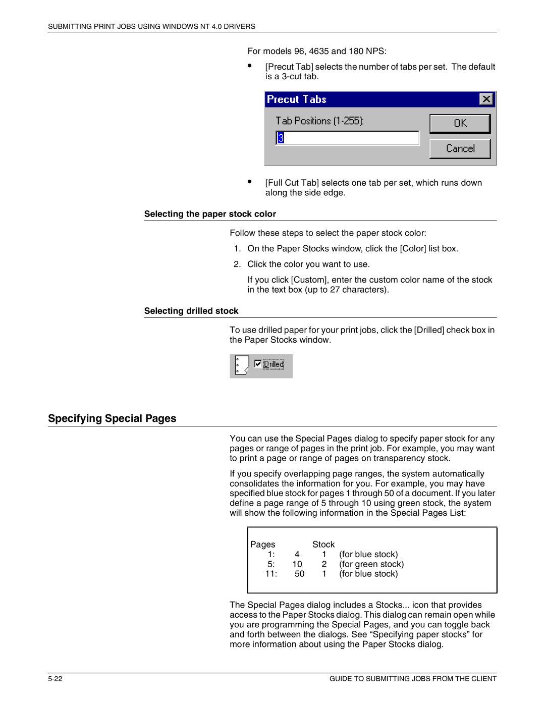 Xerox 721P87481 manual Specifying Special Pages, Selecting the paper stock color, Selecting drilled stock 