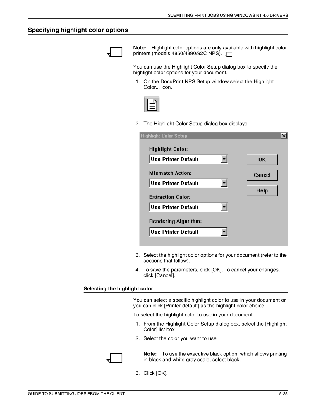 Xerox 721P87481 manual Specifying highlight color options, Selecting the highlight color 