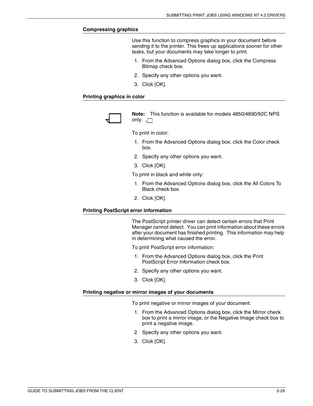 Xerox 721P87481 manual Compressing graphics, Printing graphics in color, Printing PostScript error information 