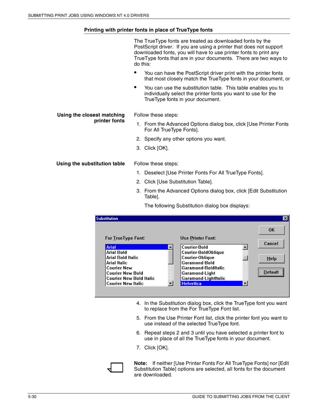 Xerox 721P87481 manual Printing with printer fonts in place of TrueType fonts, Using the closest matching, Printer fonts 