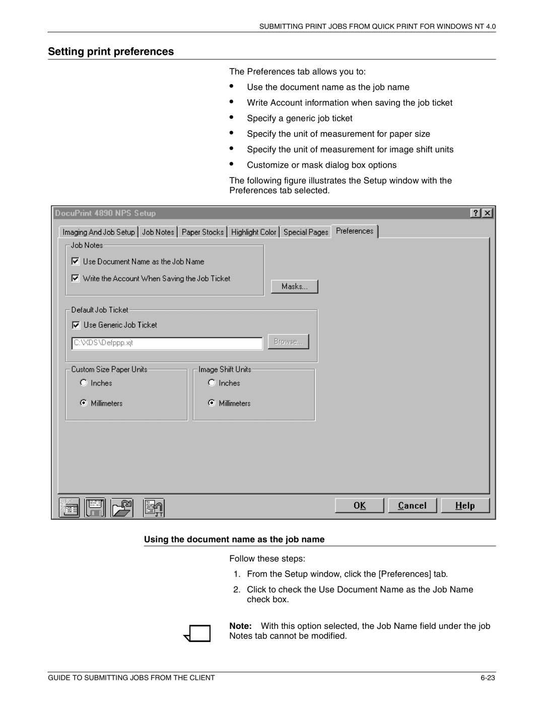 Xerox 721P87481 manual Setting print preferences, Using the document name as the job name 