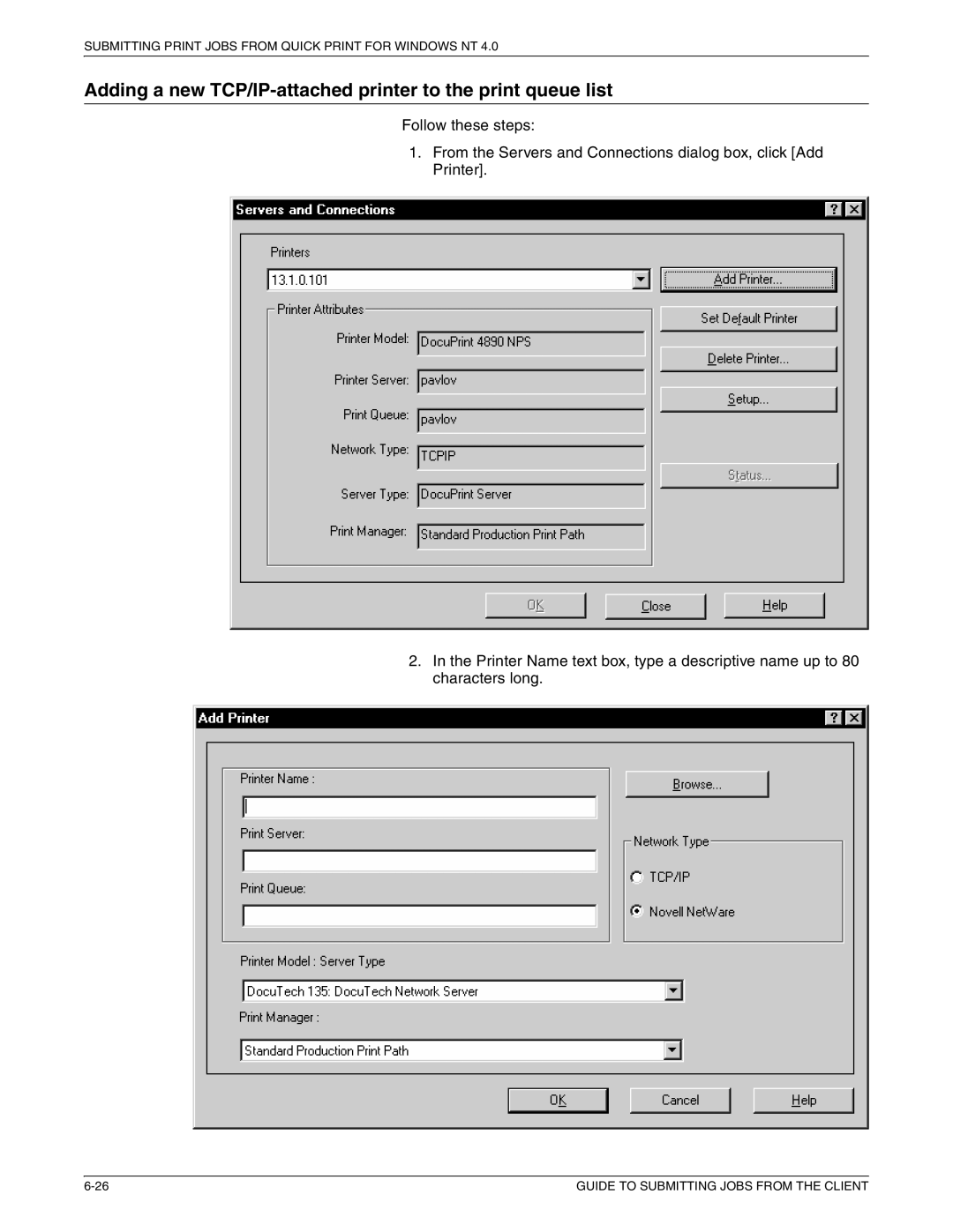 Xerox 721P87481 manual Adding a new TCP/IP-attached printer to the print queue list 