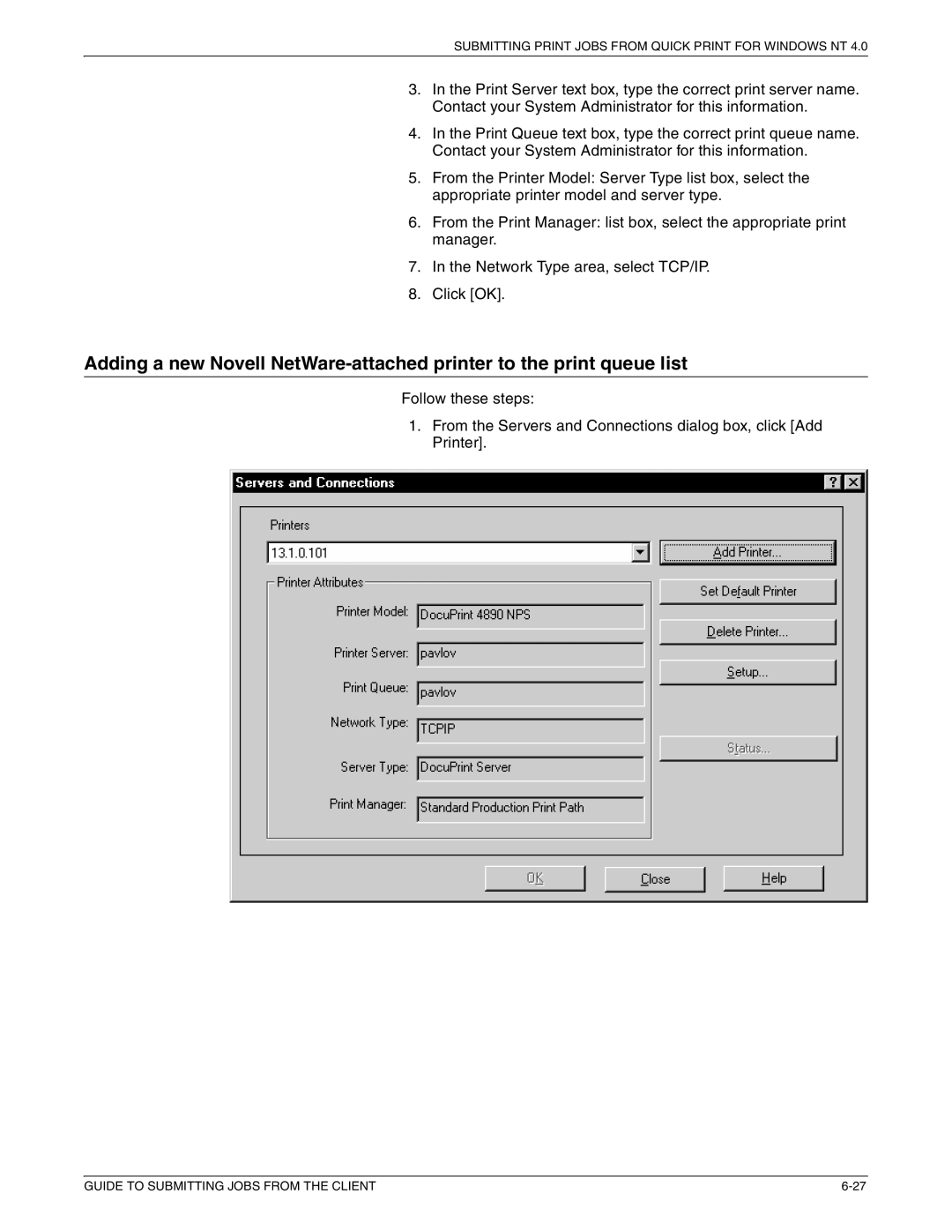 Xerox 721P87481 manual Submitting Print Jobs from Quick Print for Windows NT 