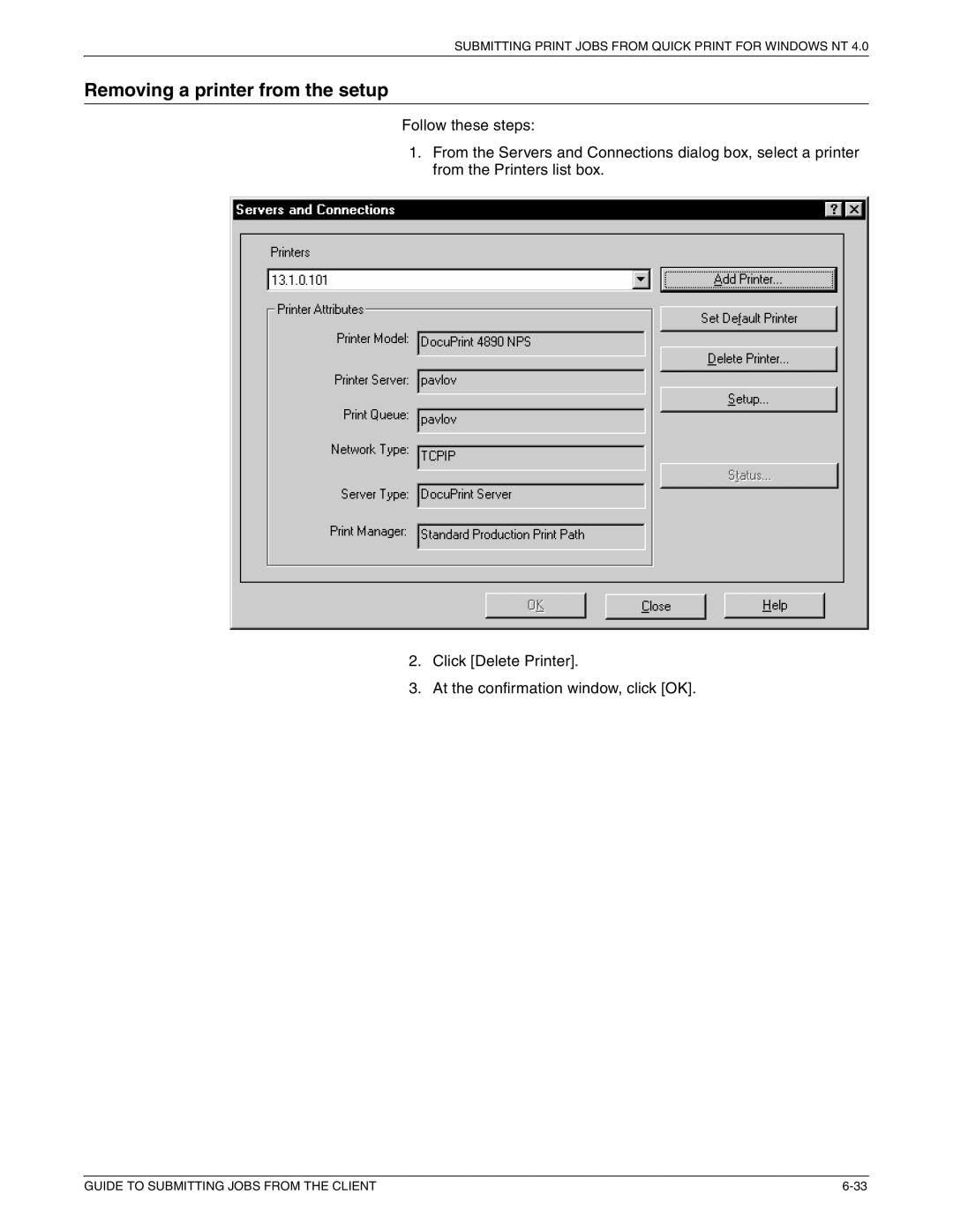 Xerox 721P87481 manual Removing a printer from the setup 