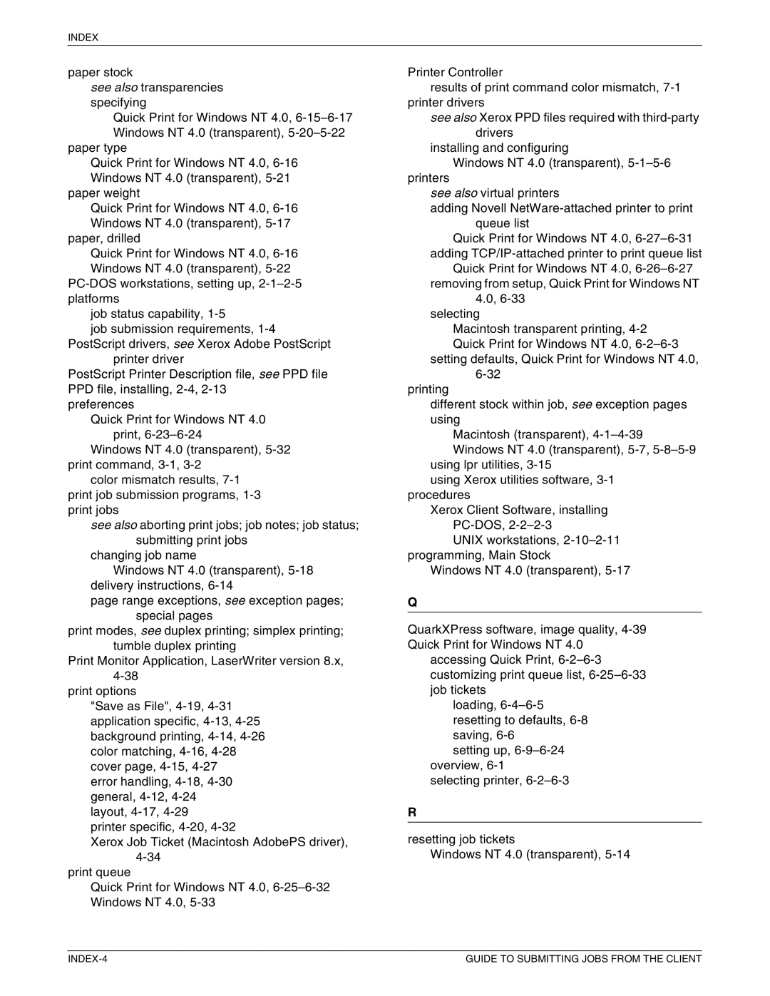 Xerox 721P87481 manual INDEX-4 Guide to Submitting Jobs from the Client 