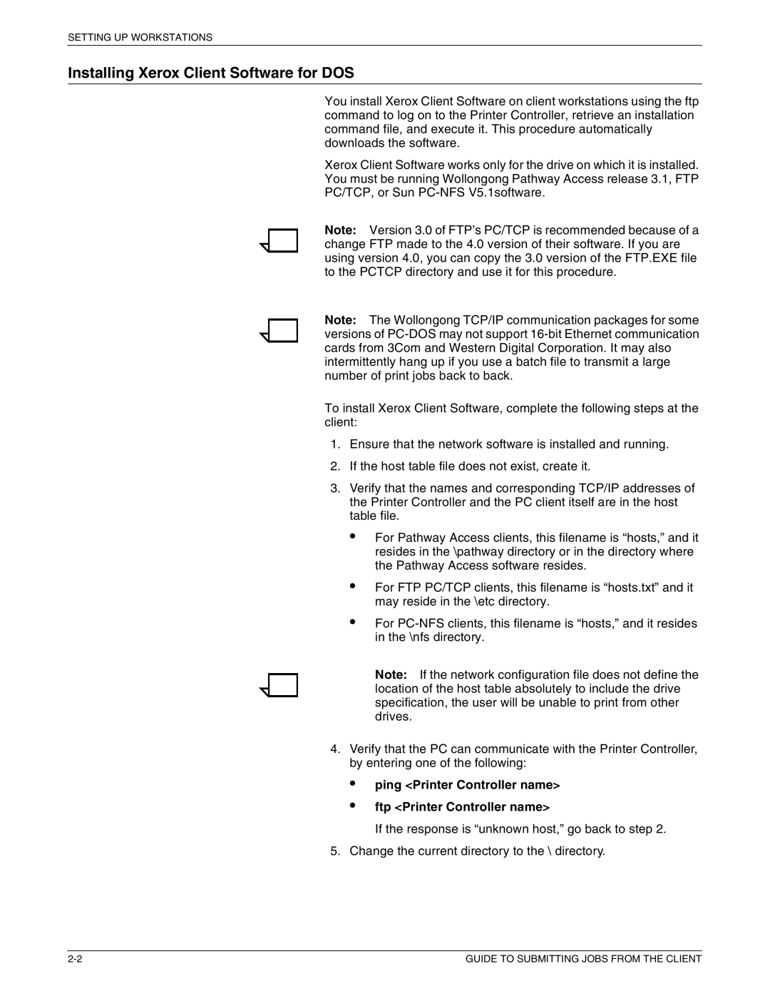 Xerox 721P87481 manual Installing Xerox Client Software for DOS, Ping Printer Controller name Ftp Printer Controller name 