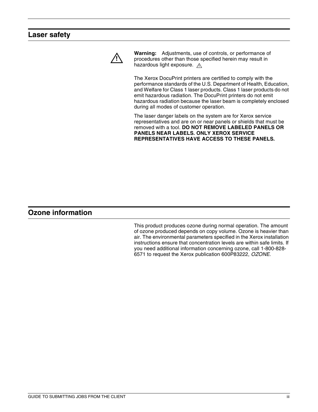 Xerox 721P87481 manual Laser safety, Ozone information 