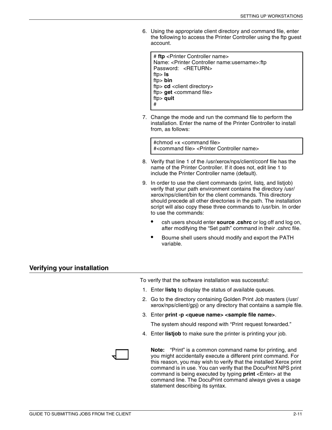 Xerox 721P87481 manual Verifying your installation, Enter print -p queue name sample file name 