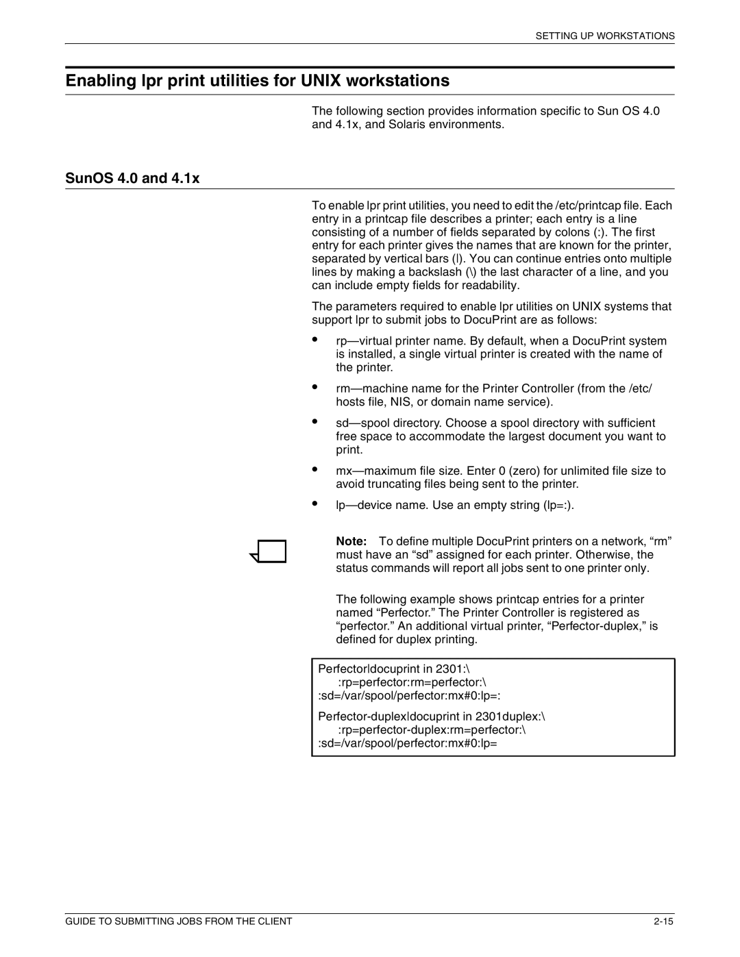 Xerox 721P87481 manual Enabling lpr print utilities for Unix workstations, SunOS 4.0 