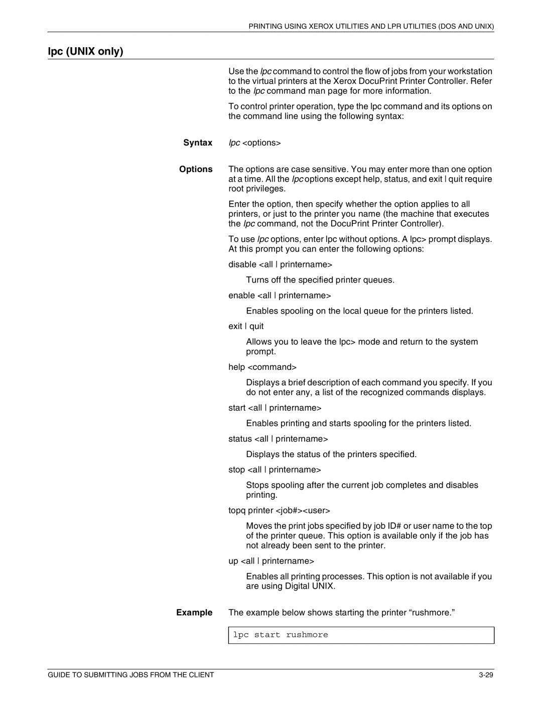 Xerox 721P87481 manual Lpc Unix only, Lpc start rushmore 