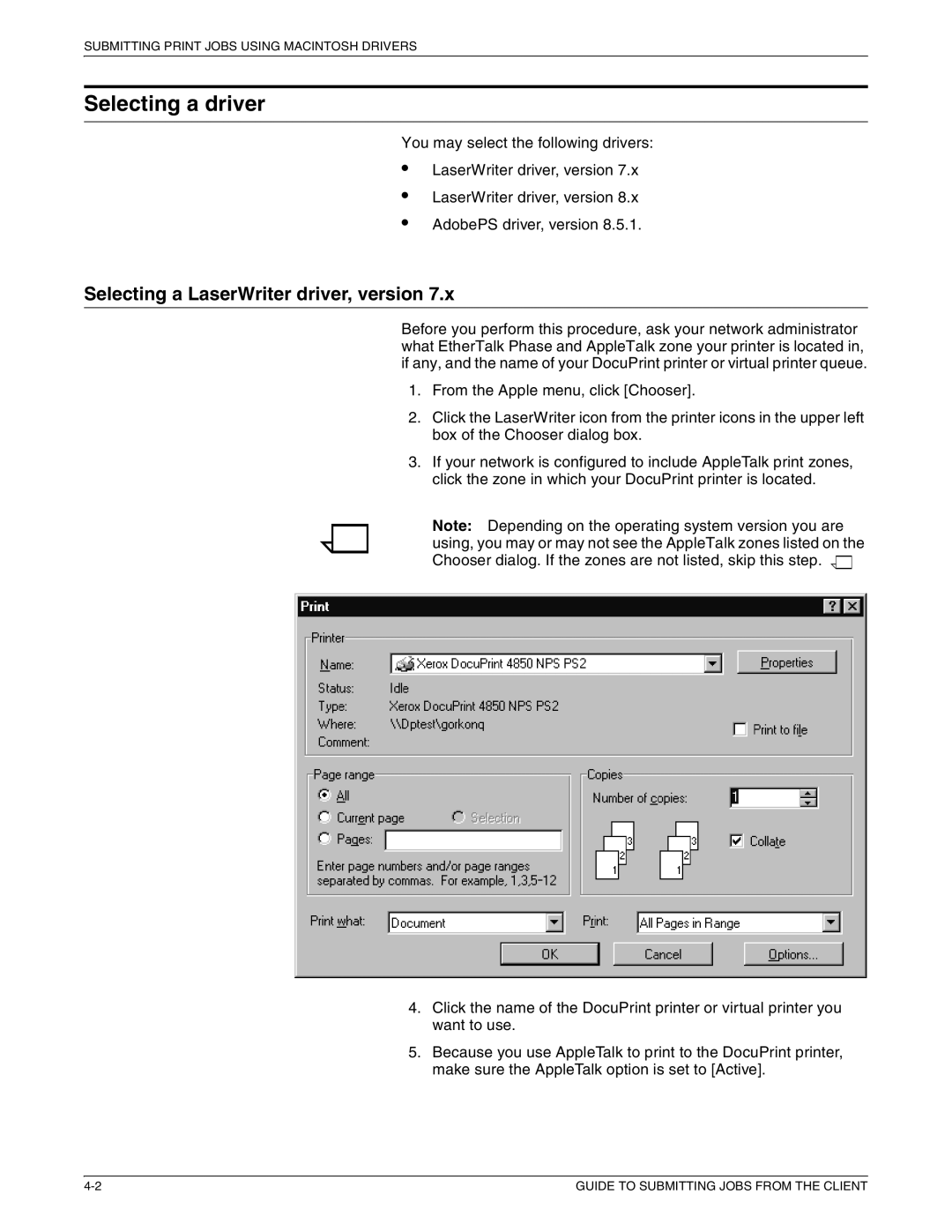 Xerox 721P87481 manual Selecting a driver, Selecting a LaserWriter driver, version 