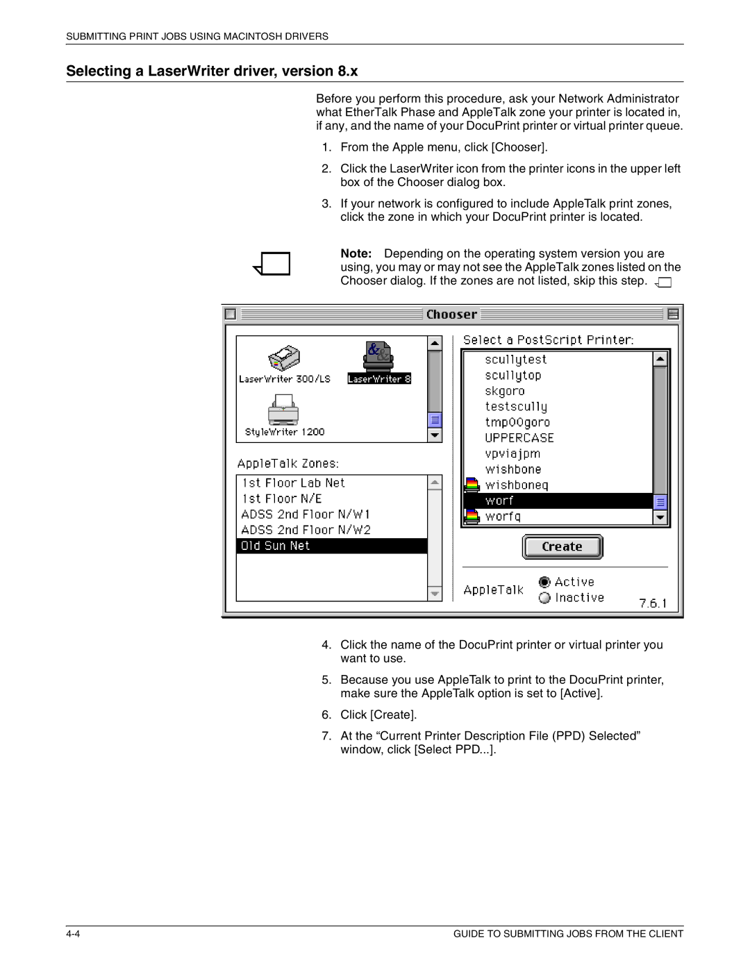 Xerox 721P87481 manual Selecting a LaserWriter driver, version 