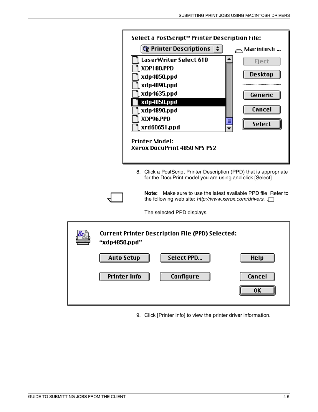 Xerox 721P87481 manual Submitting Print Jobs Using Macintosh Drivers 