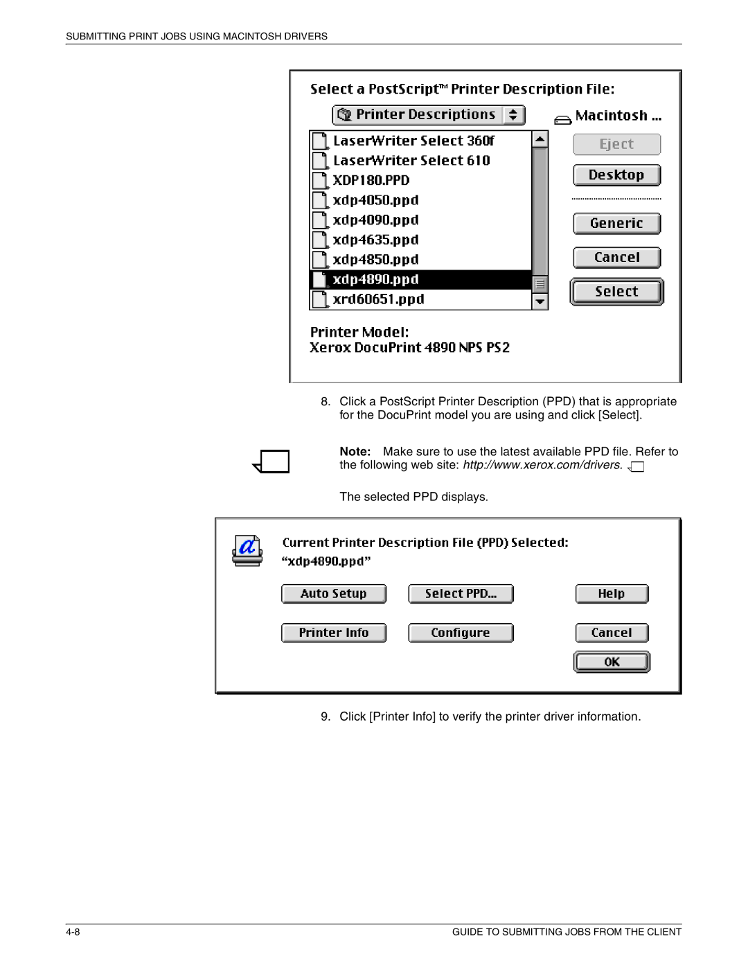 Xerox 721P87481 manual Submitting Print Jobs Using Macintosh Drivers 