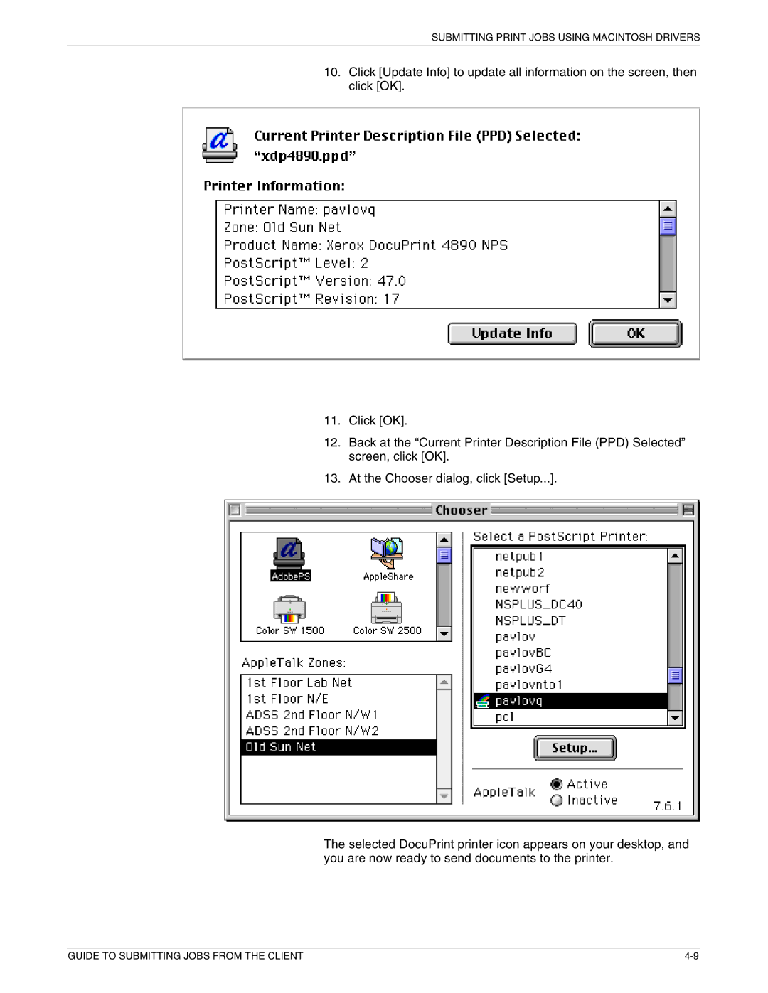 Xerox 721P87481 manual Submitting Print Jobs Using Macintosh Drivers 