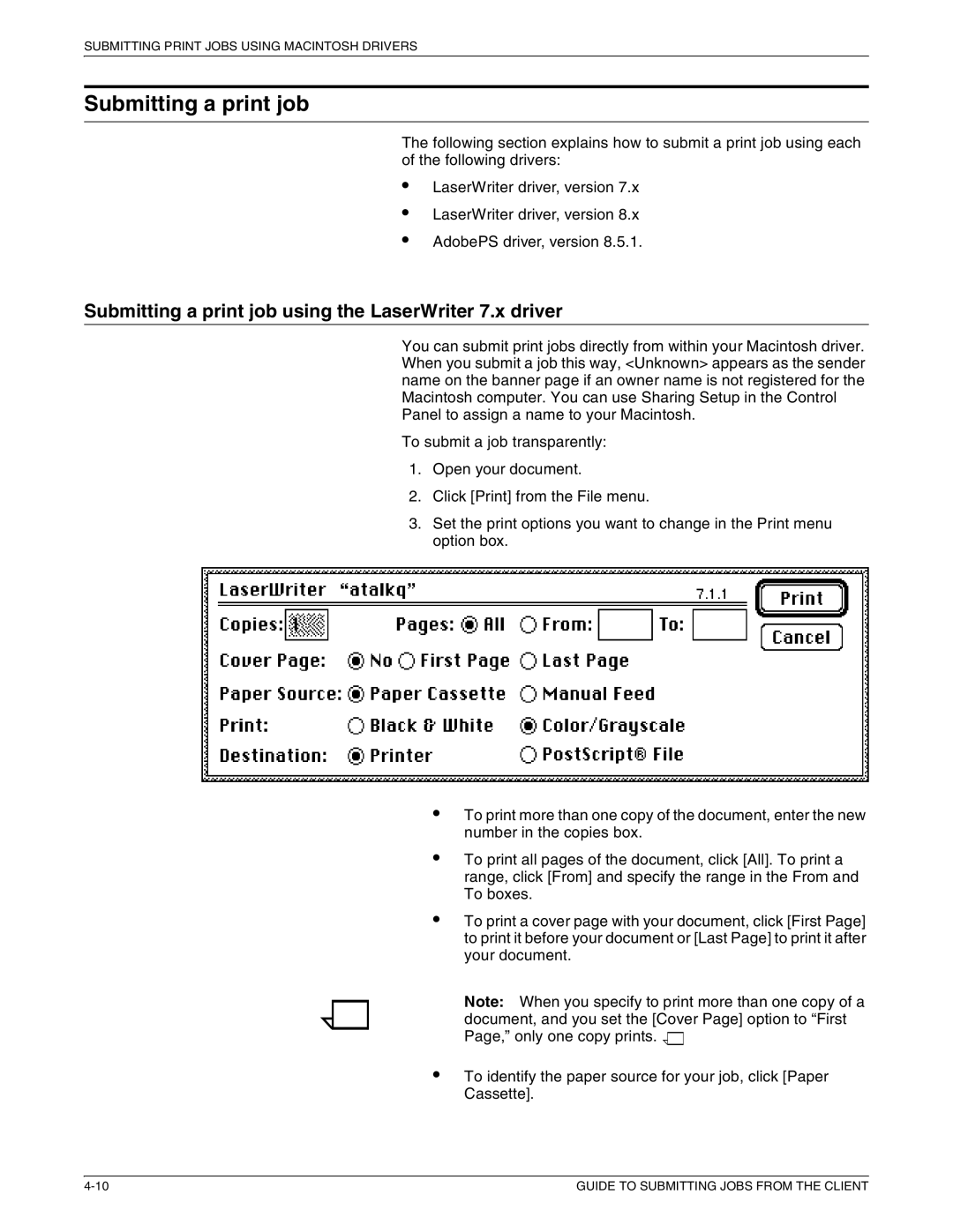 Xerox 721P87481 manual Submitting a print job using the LaserWriter 7.x driver 