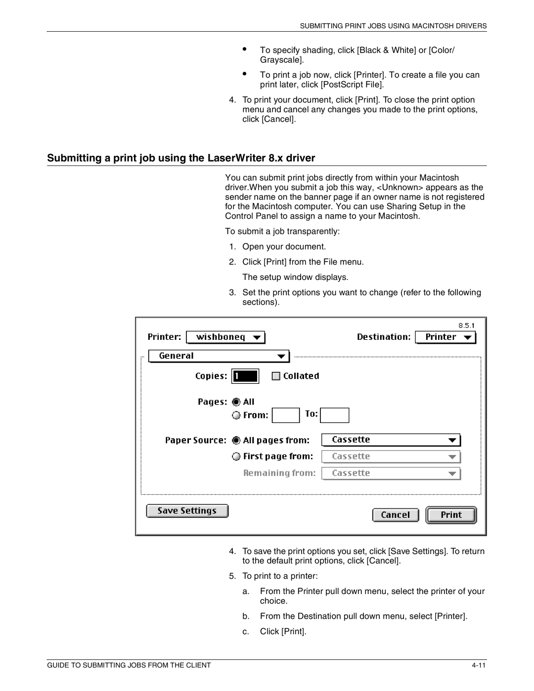 Xerox 721P87481 manual Submitting a print job using the LaserWriter 8.x driver 