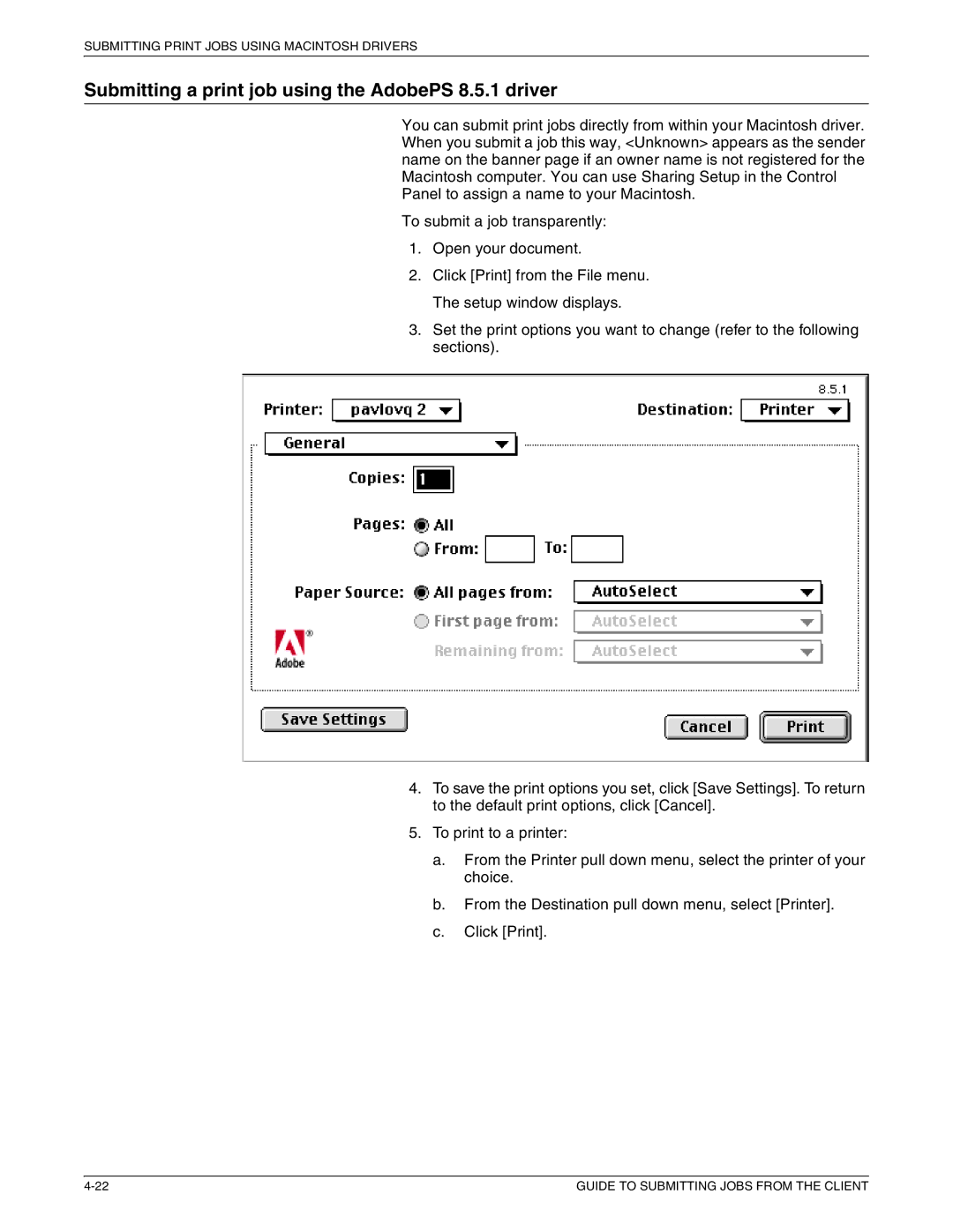 Xerox 721P87481 manual Submitting a print job using the AdobePS 8.5.1 driver 