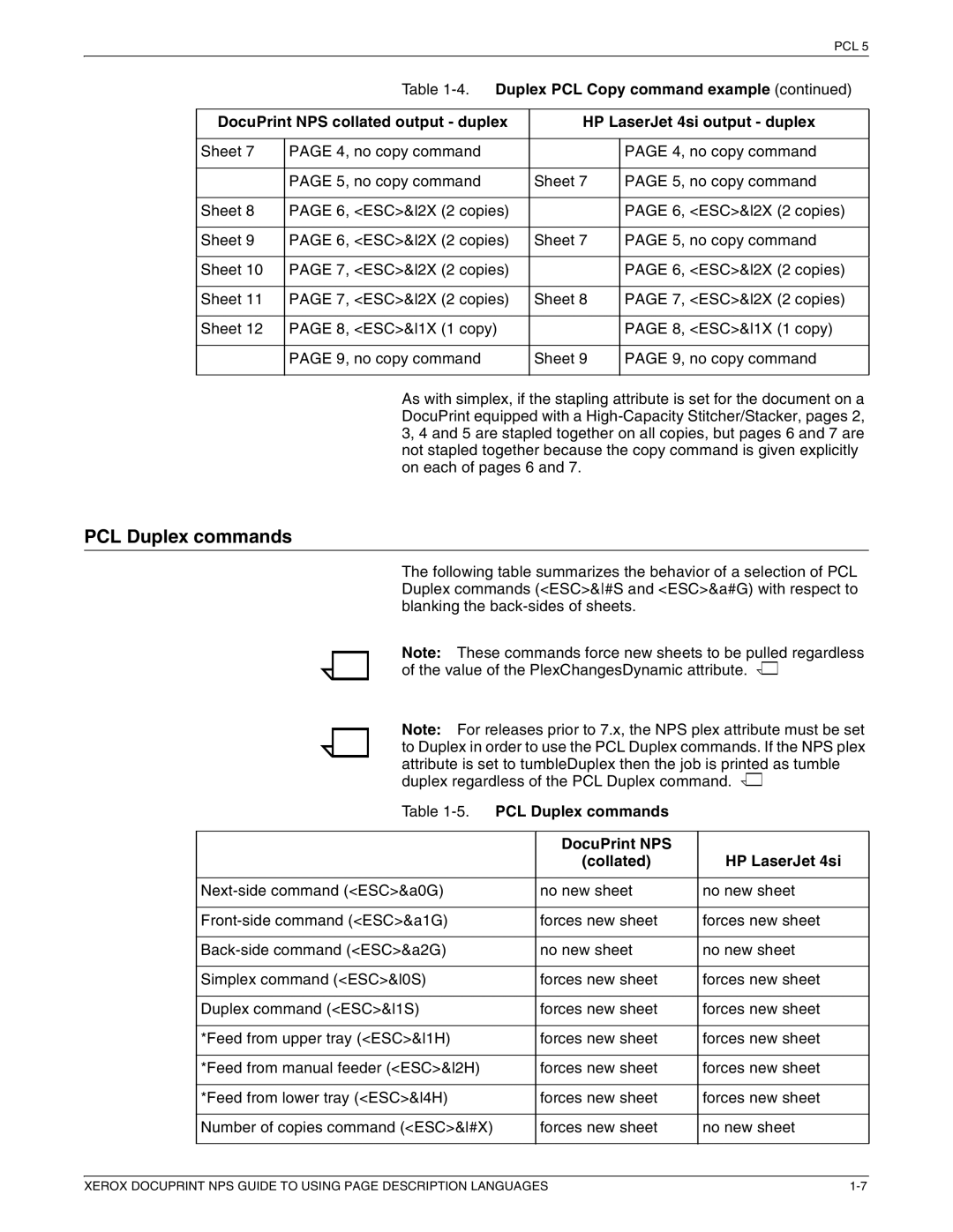 Xerox 721P87491 manual PCL Duplex commands DocuPrint NPS Collated HP LaserJet 4si 