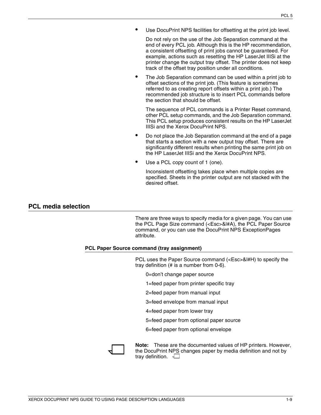 Xerox 721P87491 manual PCL media selection, PCL Paper Source command tray assignment 