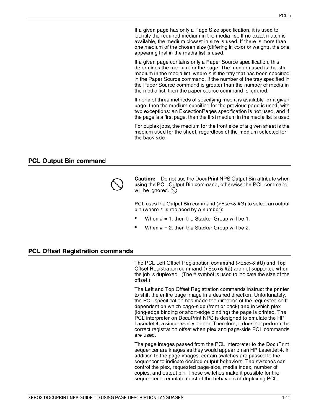 Xerox 721P87491 manual PCL Output Bin command, PCL Offset Registration commands 