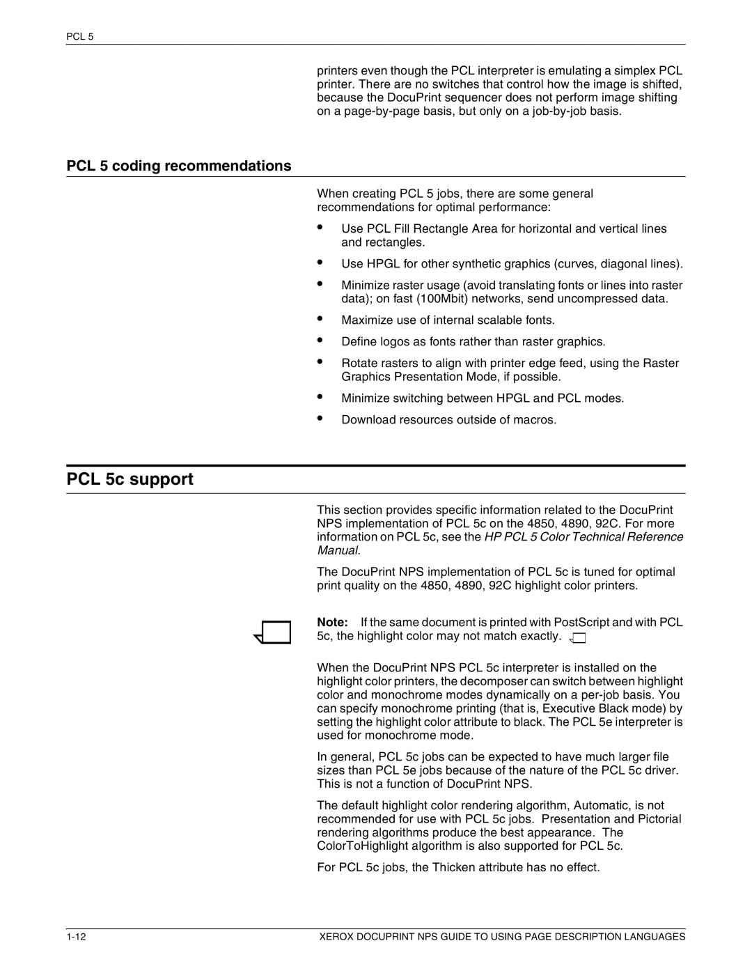 Xerox 721P87491 manual PCL 5c support, PCL 5 coding recommendations 