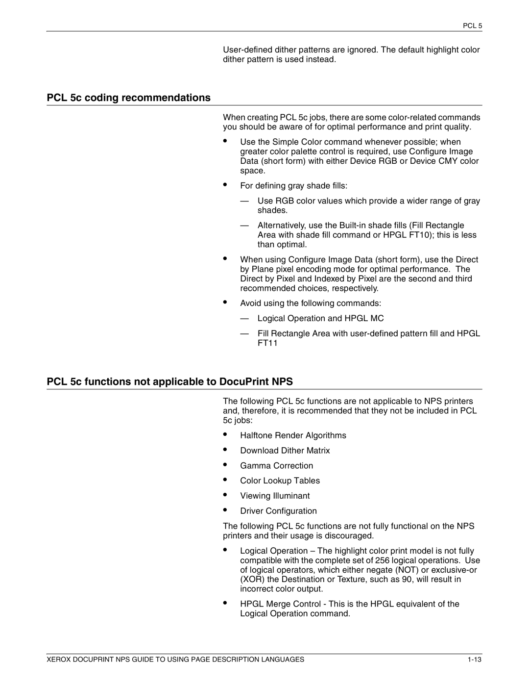 Xerox 721P87491 manual PCL 5c coding recommendations, PCL 5c functions not applicable to DocuPrint NPS 