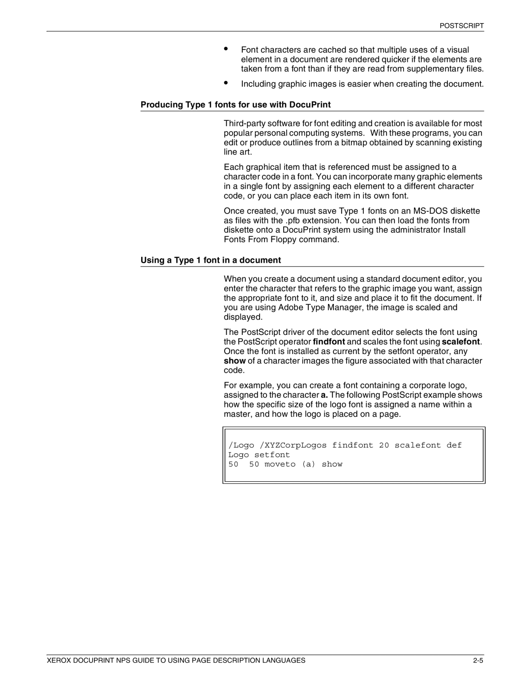 Xerox 721P87491 manual Producing Type 1 fonts for use with DocuPrint, Using a Type 1 font in a document 