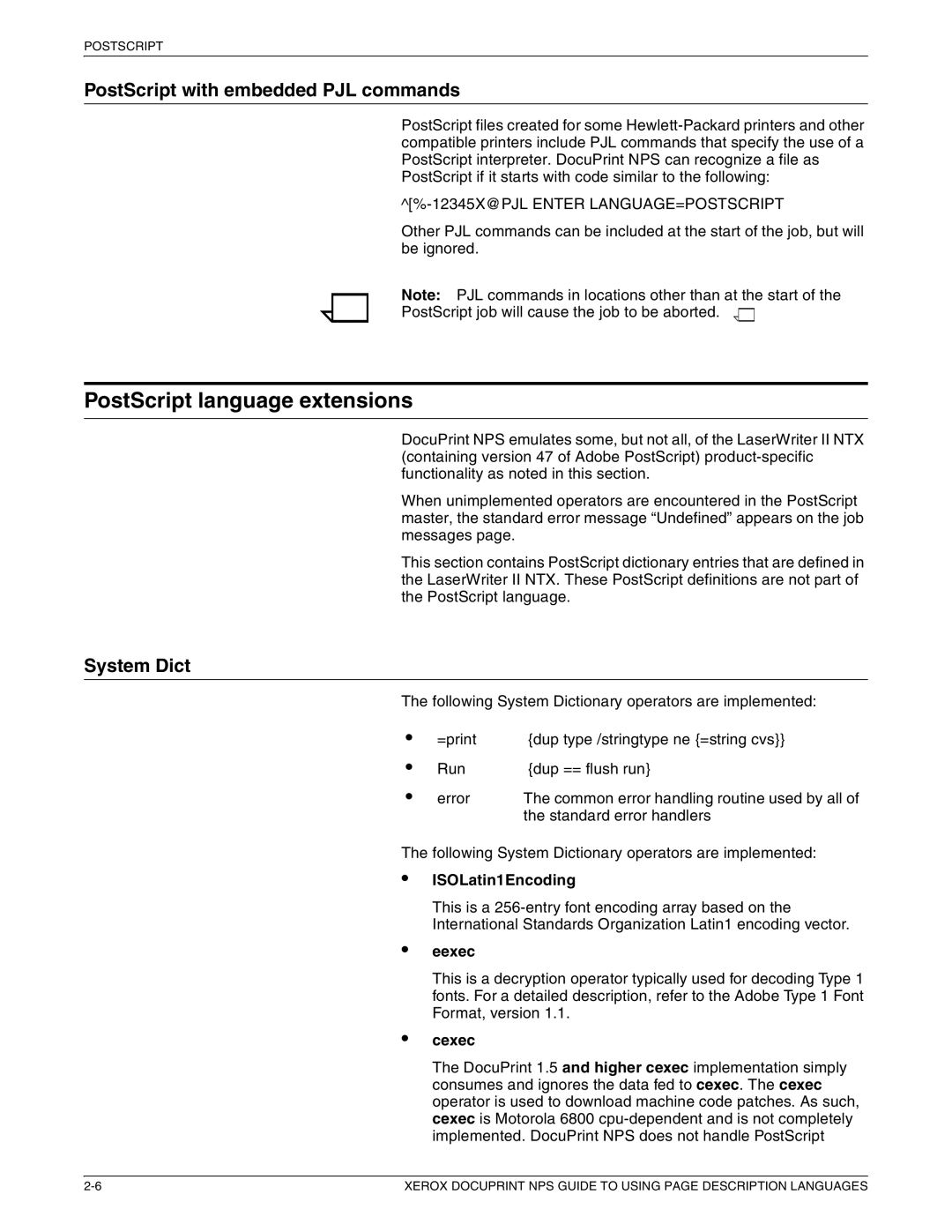 Xerox 721P87491 manual PostScript language extensions, PostScript with embedded PJL commands, System Dict 