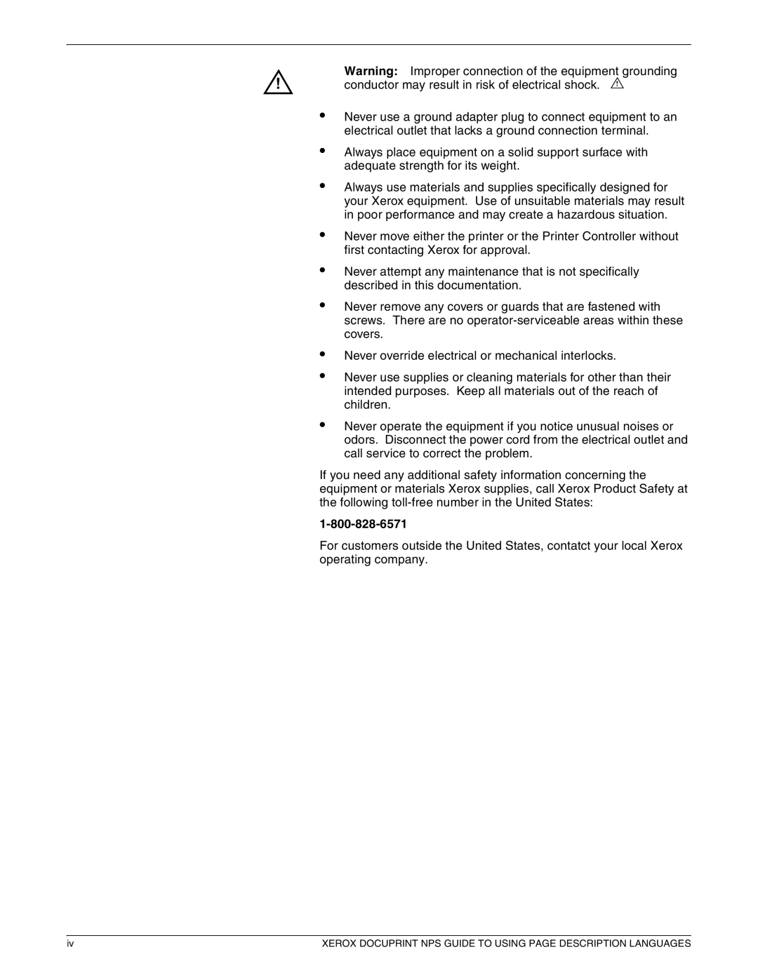 Xerox 721P87491 manual Conductor may result in risk of electrical shock. grounding 