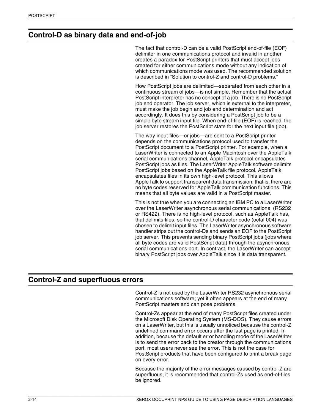 Xerox 721P87491 manual Control-D as binary data and end-of-job, Control-Z and superfluous errors 