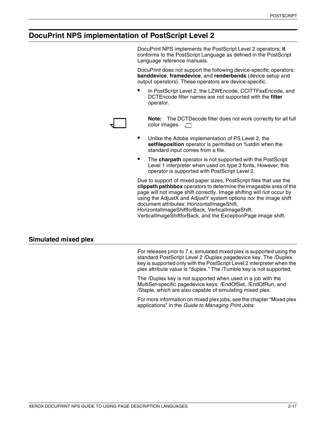 Xerox 721P87491 manual DocuPrint NPS implementation of PostScript Level, Simulated mixed plex 