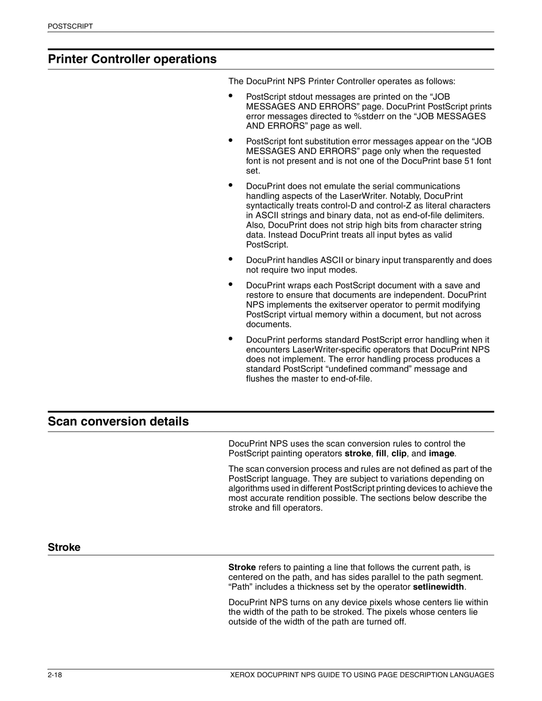 Xerox 721P87491 manual Printer Controller operations, Scan conversion details, Stroke 