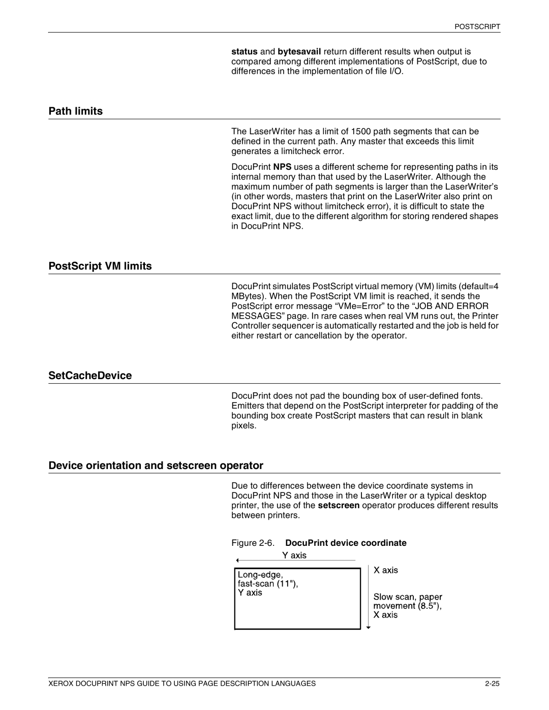 Xerox 721P87491 manual Path limits, PostScript VM limits, SetCacheDevice, Device orientation and setscreen operator 