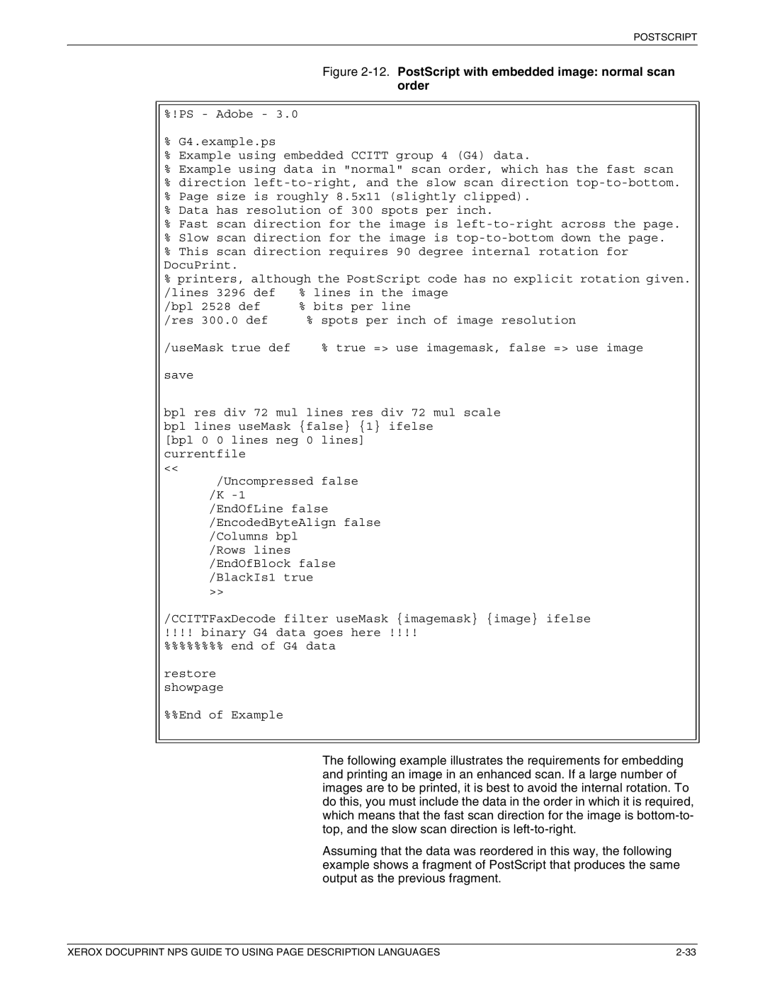 Xerox 721P87491 manual PostScript with embedded image normal scan order 