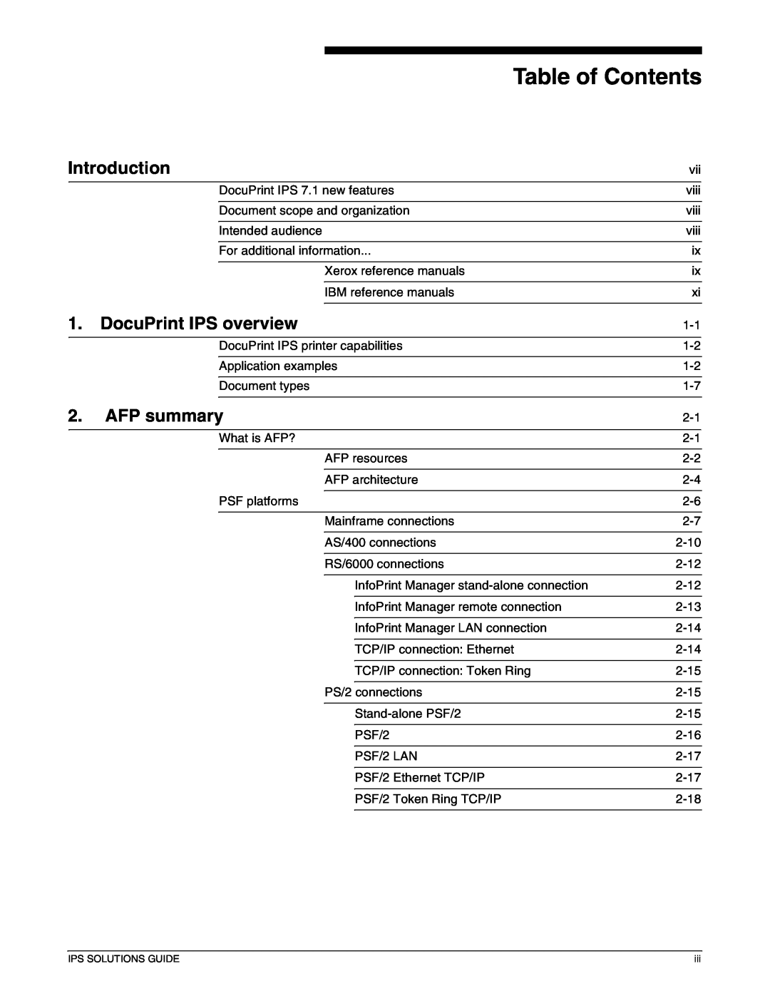 Xerox 721P88200 manual Table of Contents, Introduction, DocuPrint IPS overview, AFP summary 