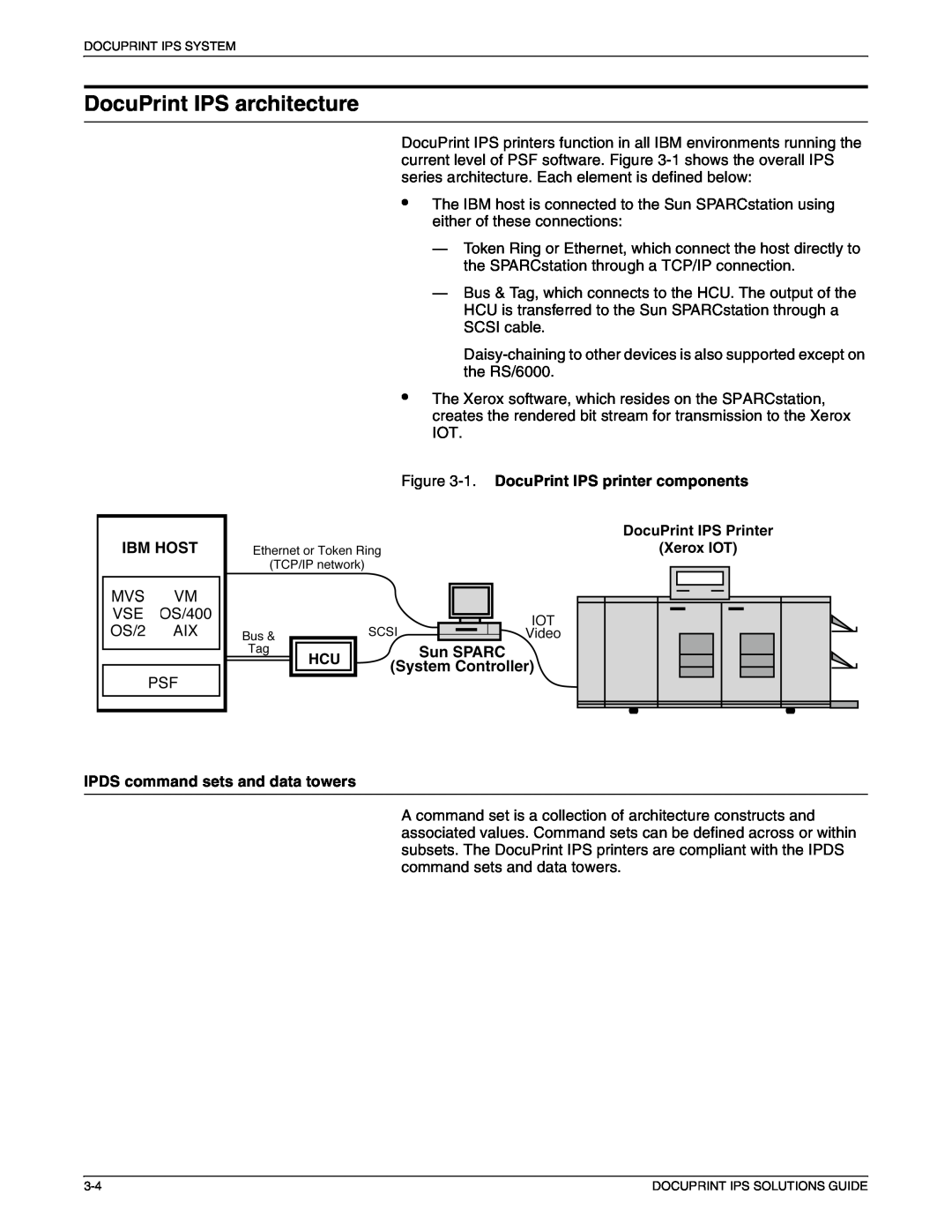 Xerox 721P88200 manual DocuPrint IPS architecture, 1. DocuPrint IPS printer components, IPDS command sets and data towers 