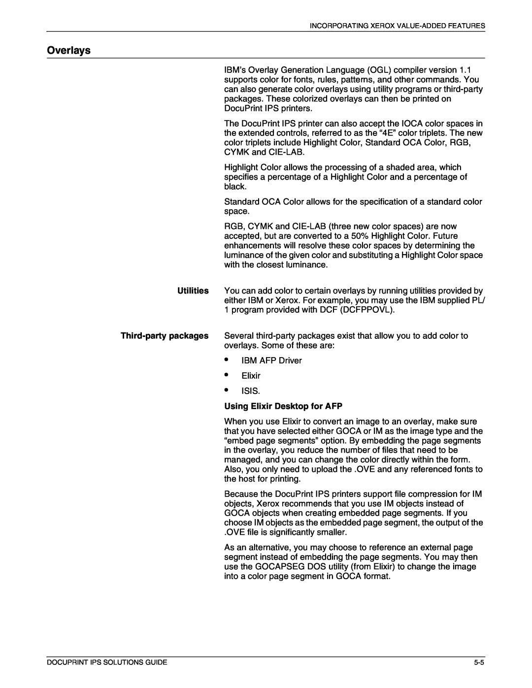 Xerox 721P88200 manual • • •, Overlays, Using Elixir Desktop for AFP 