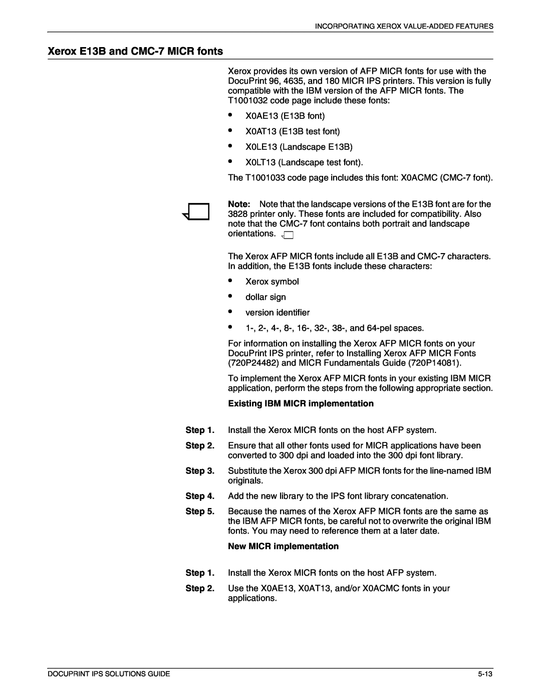 Xerox 721P88200 manual • • • •, Xerox E13B and CMC-7MICR fonts, Existing IBM MICR implementation, New MICR implementation 