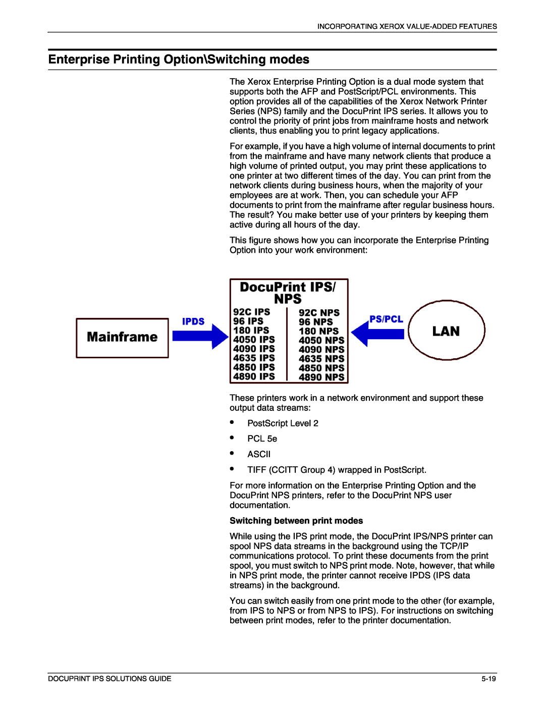 Xerox 721P88200 manual Enterprise Printing Option\Switching modes, • • • •, Switching between print modes 