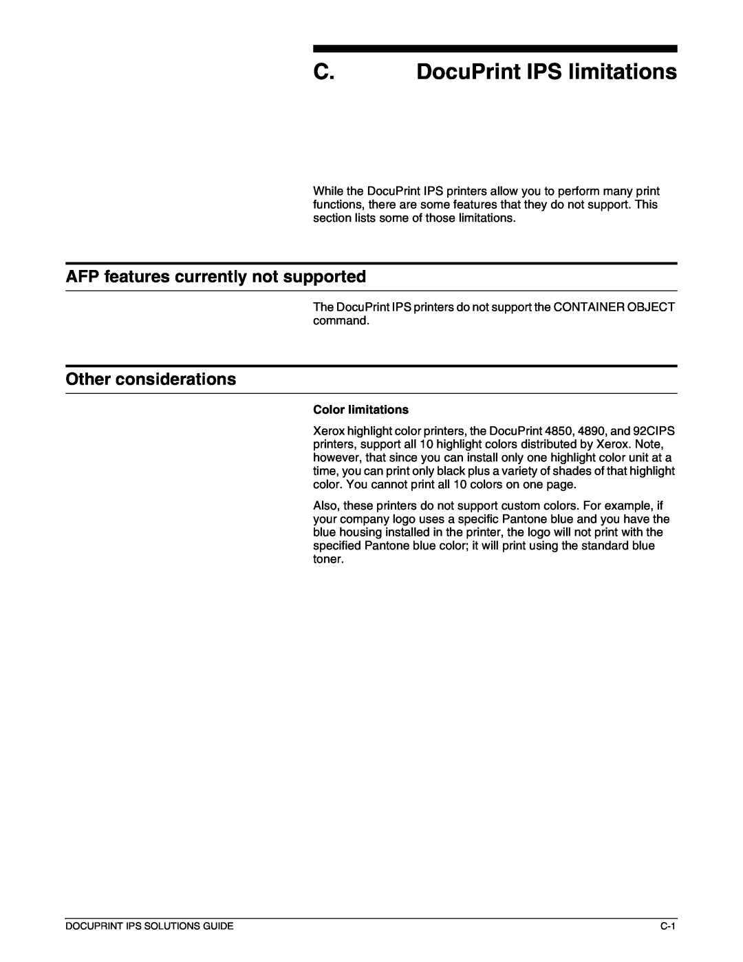 Xerox 721P88200 manual C. DocuPrint IPS limitations, AFP features currently not supported, Other considerations 
