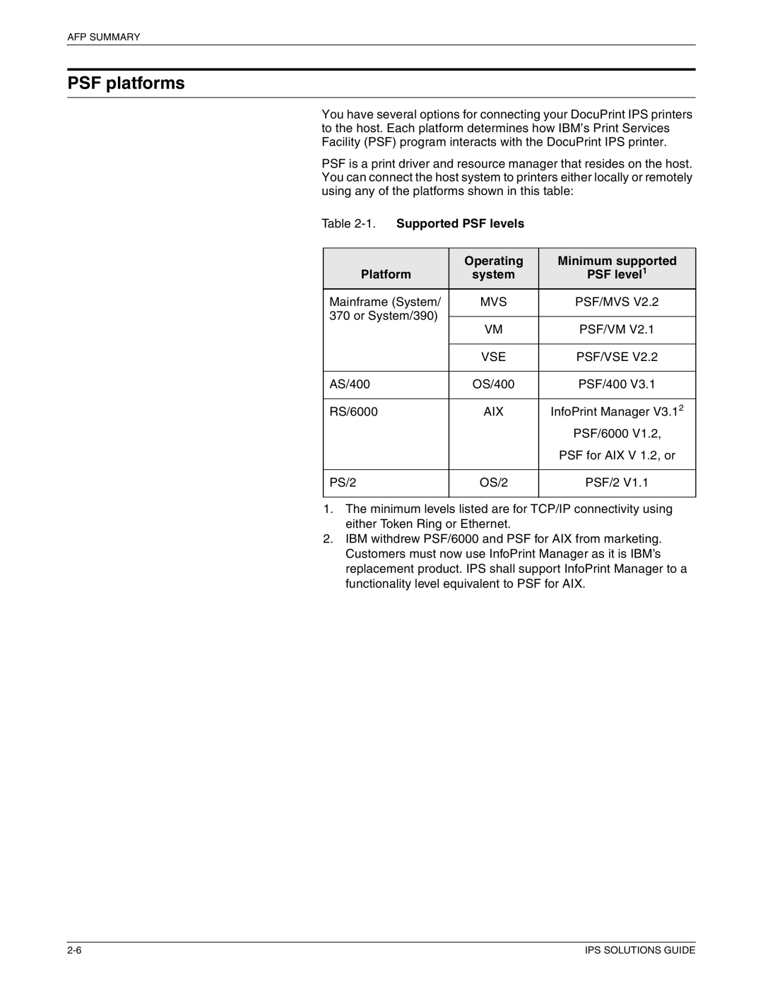 Xerox 721P88200 manual PSF platforms, Psf/Mvs, Psf/Vse, Aix 